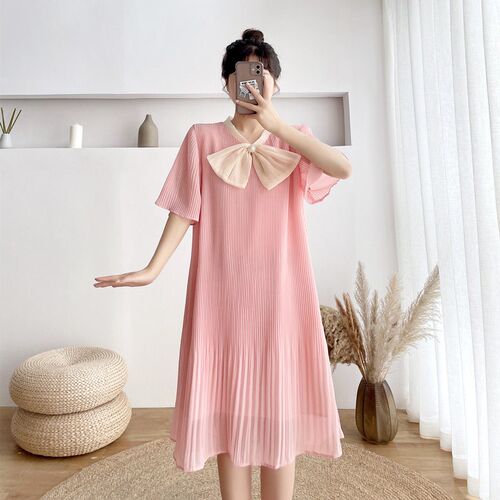 Pregnant Womens Dress With Thin Bow Chiffon Pleated Materni