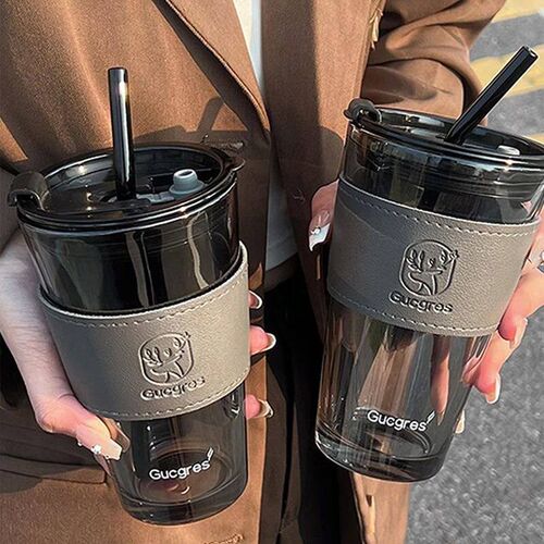 401ml-500ml High Beauty Wind Bamboo Glass Cup Summer Straw L