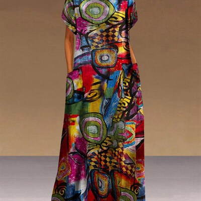 2023 Summer Boho Long Shirts Dresses for Women Retro Print S