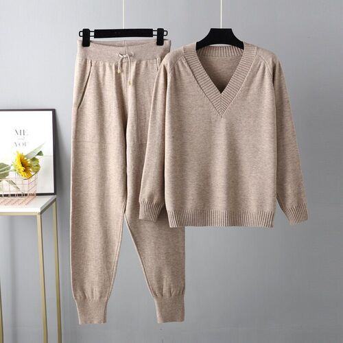 2023 Autumn Winter Womens V Neck Sweater Two Piece Set