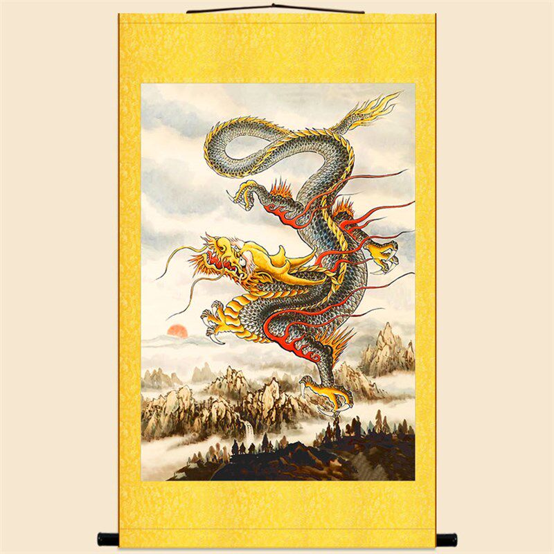 飞龙在天图祥龙动物画 中式复古绢布材质卷轴挂画书房客厅装饰画