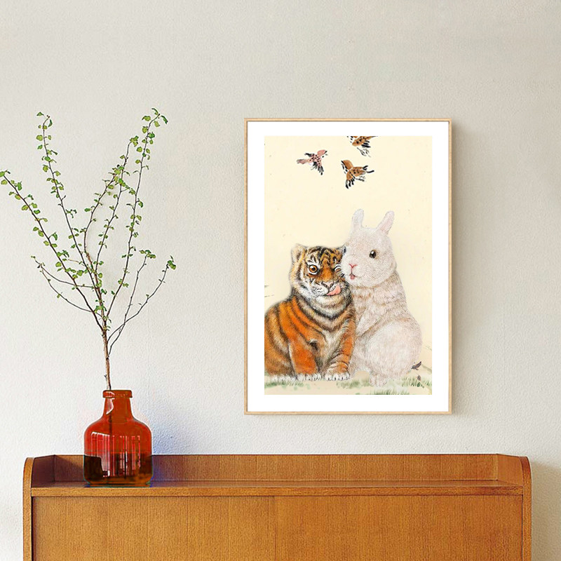 虎抱兔挂画虎抱兔图片玄关画客厅装饰画沙发背景墙壁画卧室挂饰画