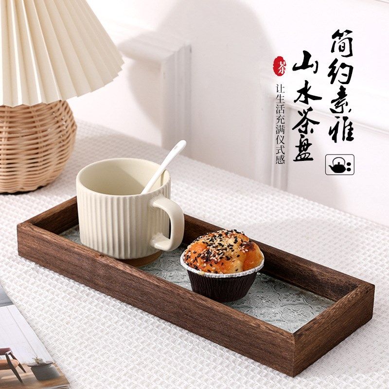 复古海棠花玻璃托盘长方形家用面包水果点心茶杯茶具茶盘托盘木质,餐饮具,餐用托盘,淘宝优惠券,粉丝福利购,淘宝优惠卷