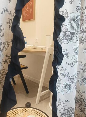 法式复古半遮光棉麻印花窗帘赫本风黑色荷叶边半帘宿舍隔断遮挡帘