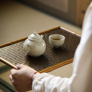 大相莲花中式竹篾宋席茶盘 家用干泡壶承功夫茶具长托盘 棕竹茶盘