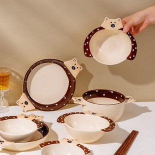 可爱卡通抱抱熊陶瓷餐具家用米饭碗双耳汤碗泡面碗水果沙拉碗菜盘