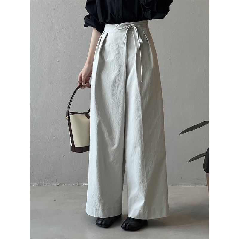 Design Asymmetric Slant Placket Strap Wide-leg Pants Womens - 实物图