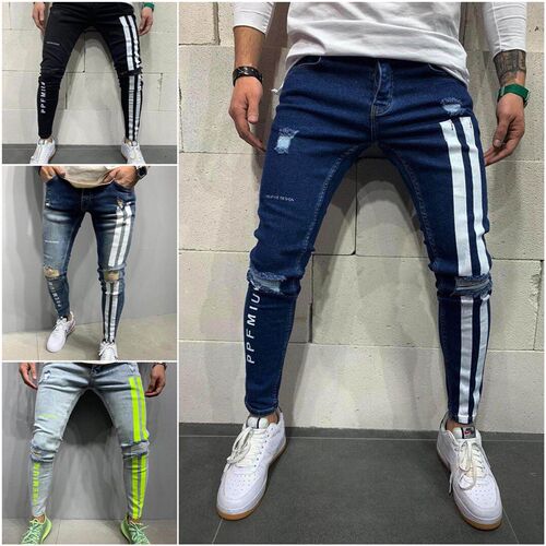 Printed mens ripped black leggings, painted jeans,
