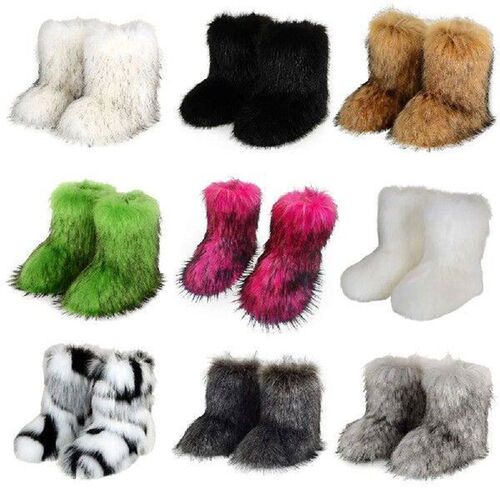 Women Furry Boots Fuzzy Fluffy Faux Fur Boots Round Toe