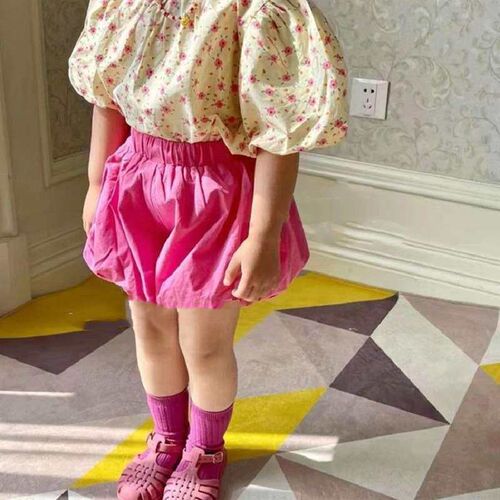 Girls Suit Round Neck Puff Sleeve Top with Flower Bun Pants