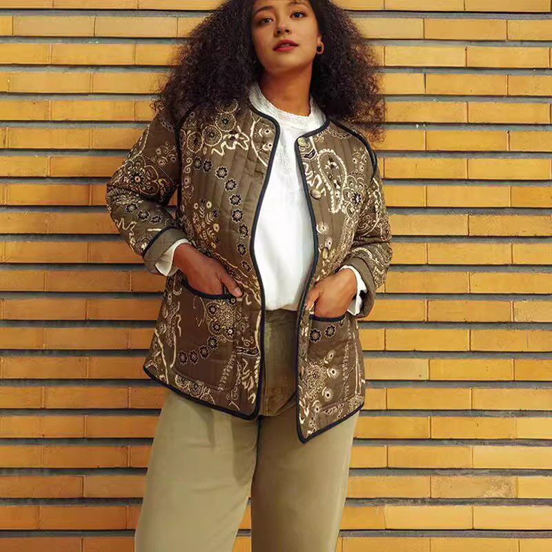 Large Size Womens Retro Patchwork Printed tton at O-neck Lo图片