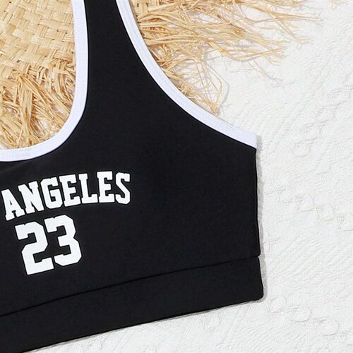 Girl Letter Graphic Contrast Binding Bikini Swimsuit Kids wi