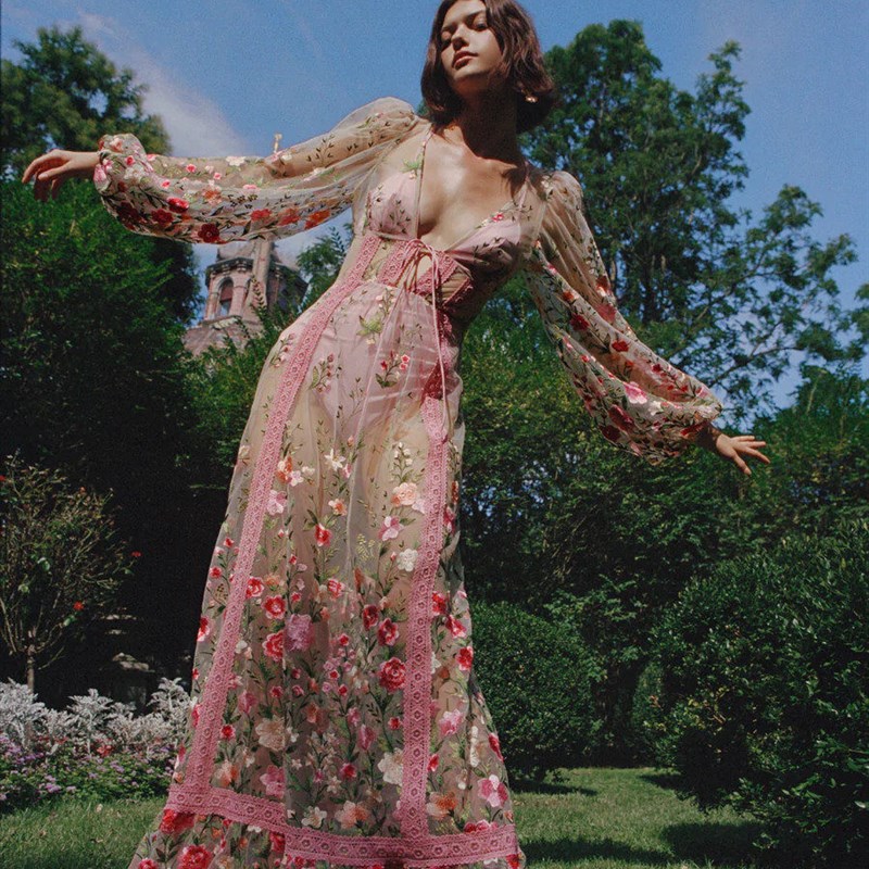 Women Summer Long Beach Dress Long Sleeve V Neck Backless图片