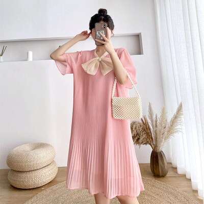 Pregnant Womens Dress With Thin Bow Chiffon Pleated Materni