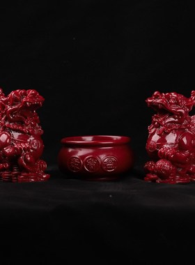 朱砂聚宝盆招财纳福公母一对貔貅家用工艺品百财纳福客厅桌面摆件