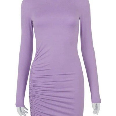 Long Sleeve Ruched Bodycon Dress Women Turtleneck Bandage Mi