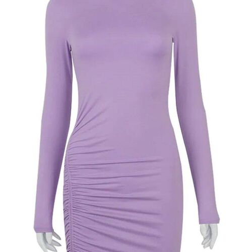 Long Sleeve Ruched Bodycon Dress Women Turtleneck Bandage Mi