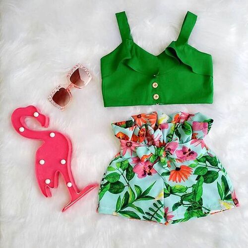 Summer Toddler Baby Girl Floral Ruffle Vest Crop Tops + Flor