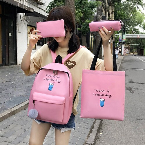 4 pcs sets canvas School Bags For Teenage Girls Female Child