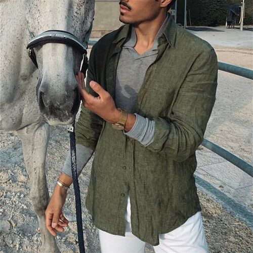 2023 Men Casual Cotton Linen ShirtsStanding Collar Male Soli