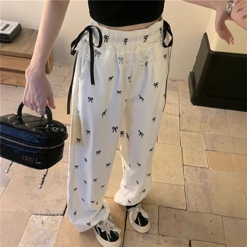 Sweet Spice Girl Bow Lace Stitching Casual Pants Womens Des