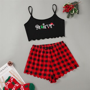 Spaghetti Strap Letter Print Pajama Set Sleeveless Trim Pyja