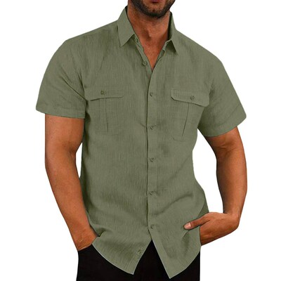 Cotton Linen Hot Sale Men Short-Sleeved Shirts Summer Solid