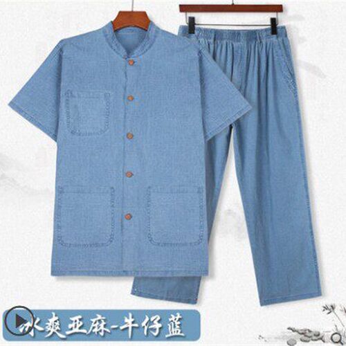 Middle-aged and elderly mens cotton linen suit top button h