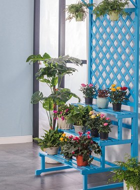 阶梯式实木花架白色蓝色吊兰架D多层阳台花架落地绿萝爬藤架防腐