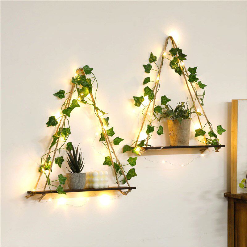 Wood Shelf with Leaf Hanging Decoration LED Shelf Decor Aest