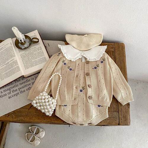 Toddler Baby Girl Clothing Set Embroidery Flower Knit Sweate