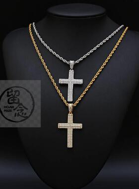 -Rock Hip Hop Set 3AAA Zircon Three Row Full Diamond Cross P