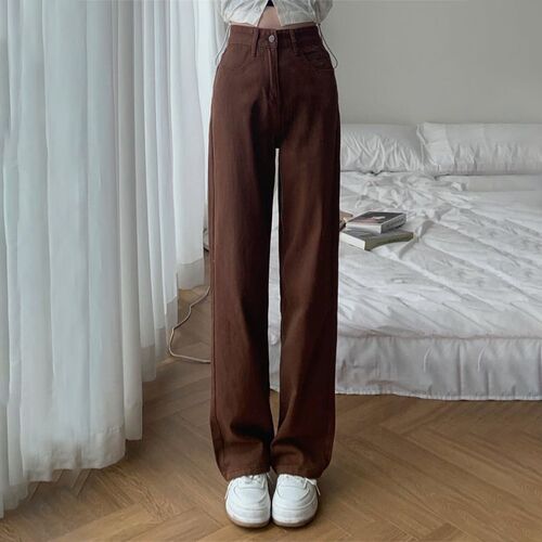 Summer Women Brown Jeans High Waist Loose Straight Wide Leg