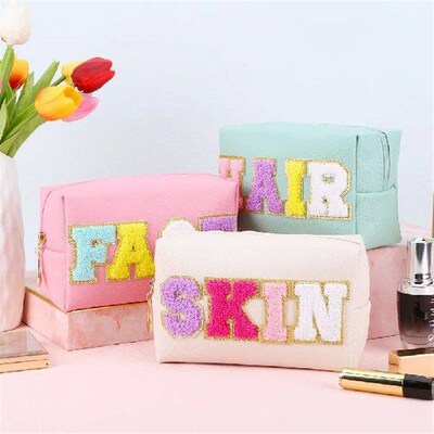 3PCS Waterproof Toiletry Bag with Patches Chenille Letter