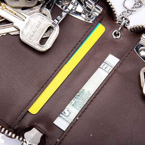Leather Key Holder Case - Zippered Key Organizer Wallet with