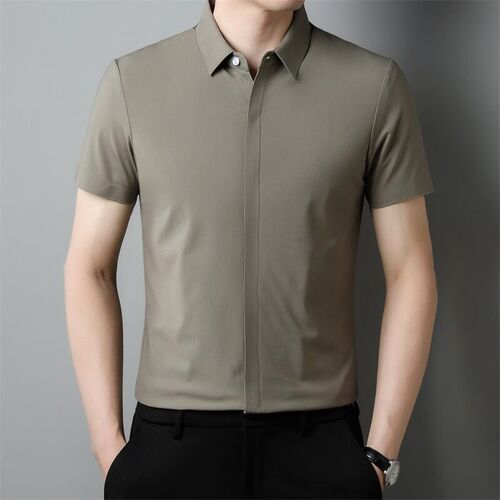 Mens Shirt Short-sleeved Summer Ice Silk Top Light Luxury B