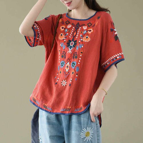 Plus size Women Clothes Linen Embroidery Vintage Blouse Shir