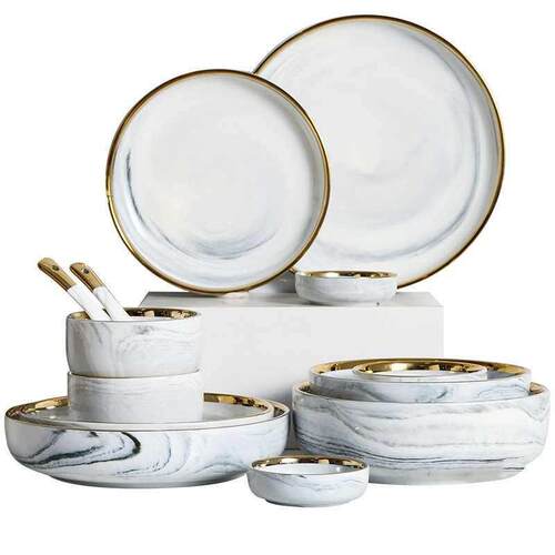 European Style Phnom Penh Marble Pattern Ceramic Bowl and Di