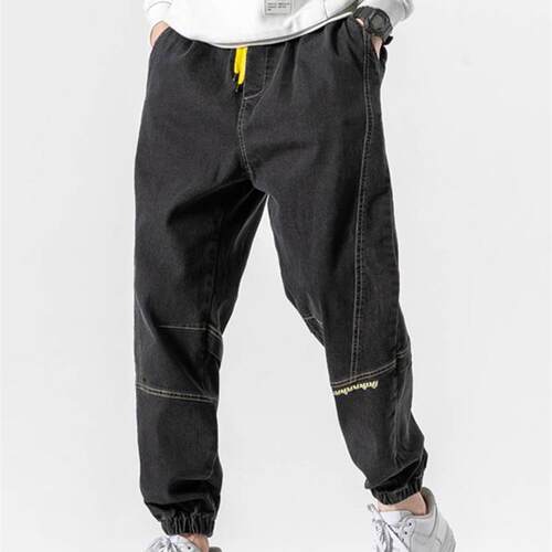 Spring Autumn Stched Cargo Jeans Men Black Denim Joggers Bag