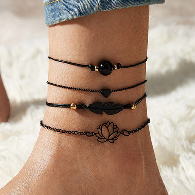 4pcs New Black Feather Lotus Anklets For Women Fashion Heart