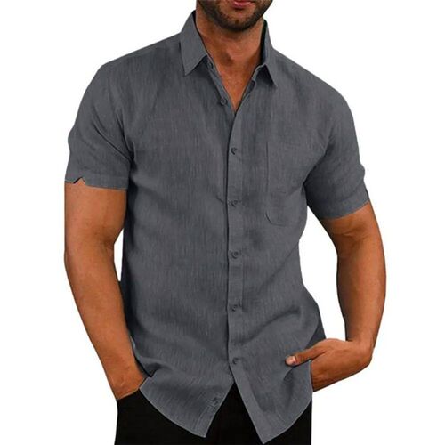 Cotton Linen Hot Sale Mens Short-Sleeved Shirts Summer Soli
