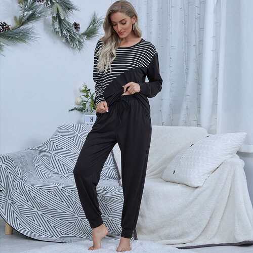 Fashion Autumn and Winter Ladies Striped Casual Homewear Lon