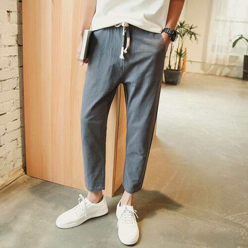 Summer Pants Mens Cotton Linen Pants Loose Ankle-length Pan