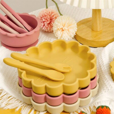 4PCS Silicone Baby Tableware Set Lion Shape Plate Bowl Soft