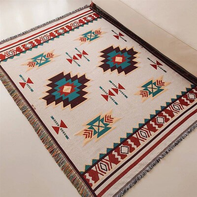 Aztec Blanket, Oversized Boho Throw Blanket with Fringe, Sou