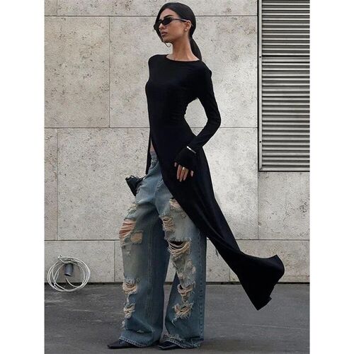ndix Black Asymmetrical Maxi Dress For Womens O Neck Long