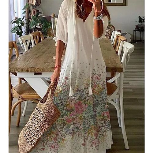 Hot Sale Casual Sweet Loose V-neck Printed Sling Mid-sleeve