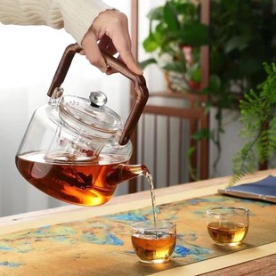 蒸煮两用茶壶耐高温玻璃大容量泡茶壶加厚实木提梁壶明火加热壶