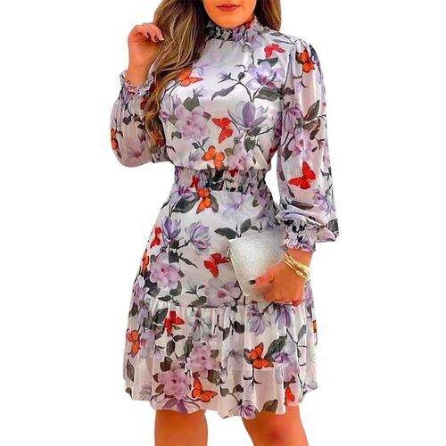 Fasion Sweet Floral Print Dress Ruffle Turtleneck Maxi Long