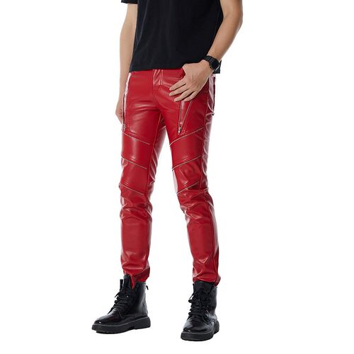 Mens Red Personalized Casual Punk Style Zipper Pu Spliced